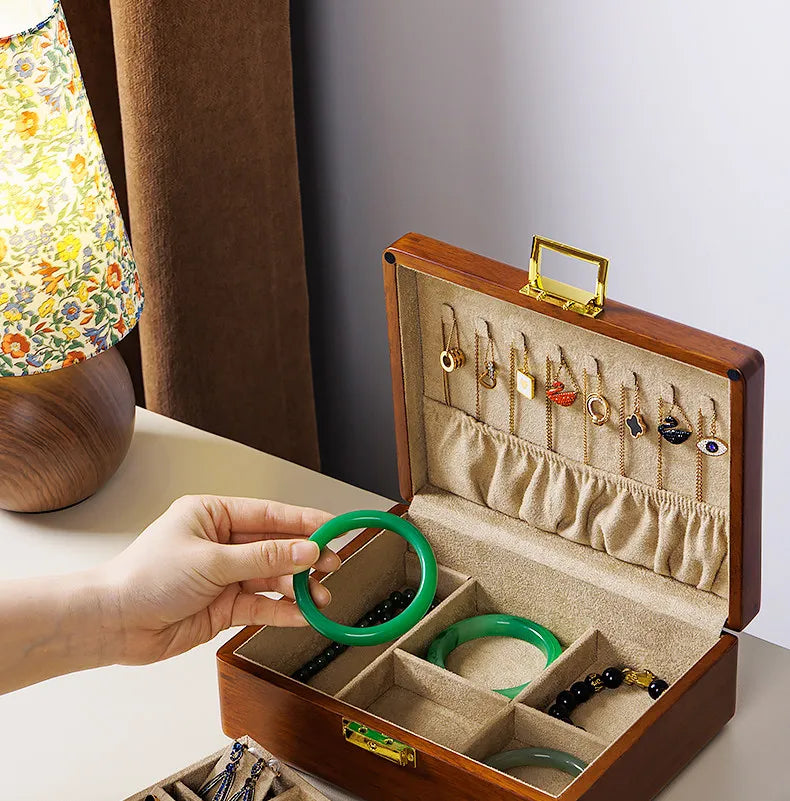 Boîte à Bijoux en Bois Massif Double Niveau avec Serrure