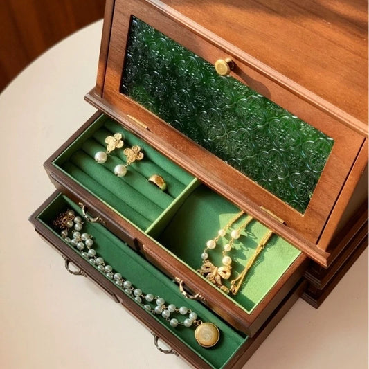 Boîte à Bijoux Vert Rétro en Bois – Grande Capacité