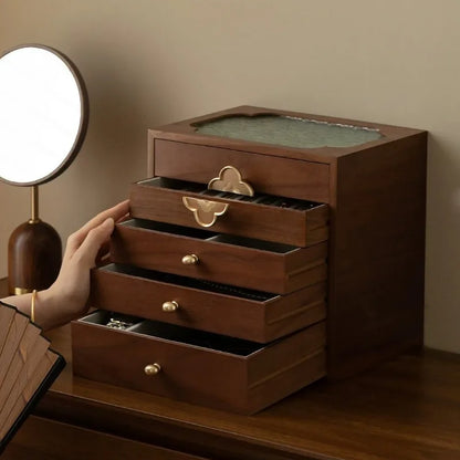 Boîte à Bijoux en Bois Rétro – 5 Compartiments, Grande Capacité