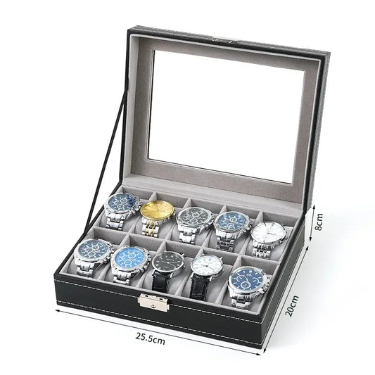 Boîte à Montre Homme 10 Compartiments Cuir PU Noir – Grand Écrin Vitré