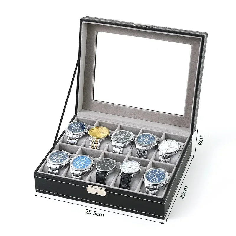 Boîte à Montre Homme 6 Compartiments Cuir PU Gris – Couvercle Vitré