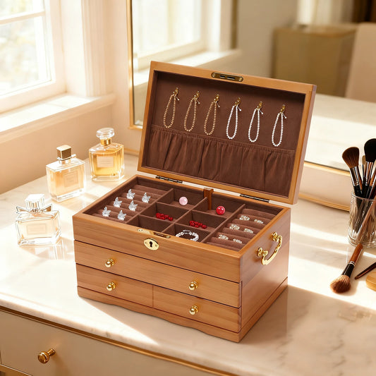 Boîte à Bijoux en Bois 3 Niveaux avec Serrure – Style Vintage