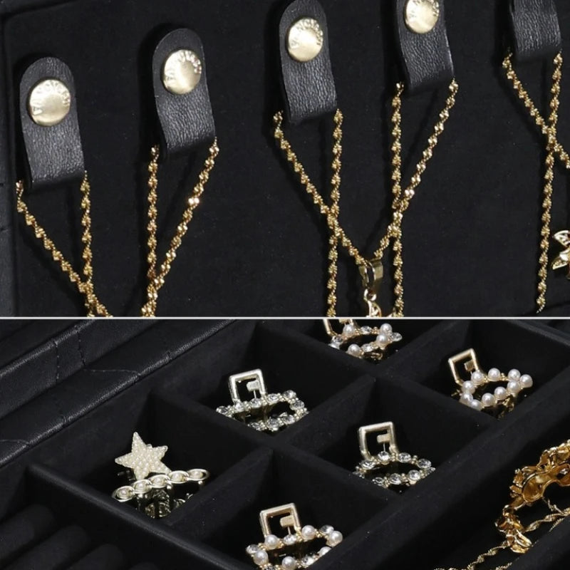 Boîte à Bijoux en Cuir Piqué – Grande Capacité avec Miroir
