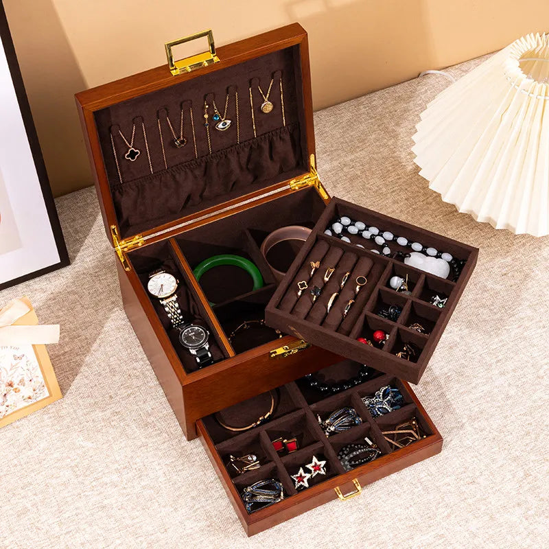 Boîte à Bijoux en Bois Massif Double Niveau avec Serrure
