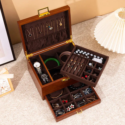 Boîte à Bijoux en Bois Massif Double Niveau avec Serrure