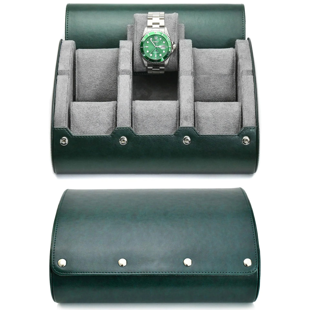 Boîte à Montre Homme 3 Compartiments Cuir PU Vert Gris – Écrin de Voyage Compact