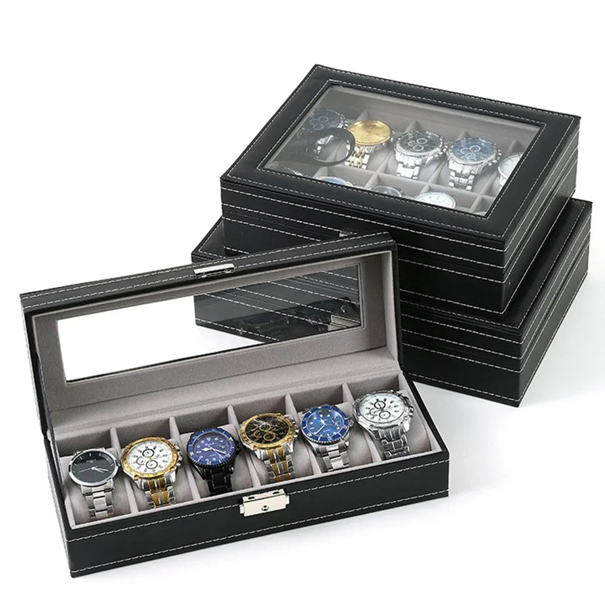 Boîte à Montre Homme 12 Compartiments Cuir PU Gris – Collection Vitrée