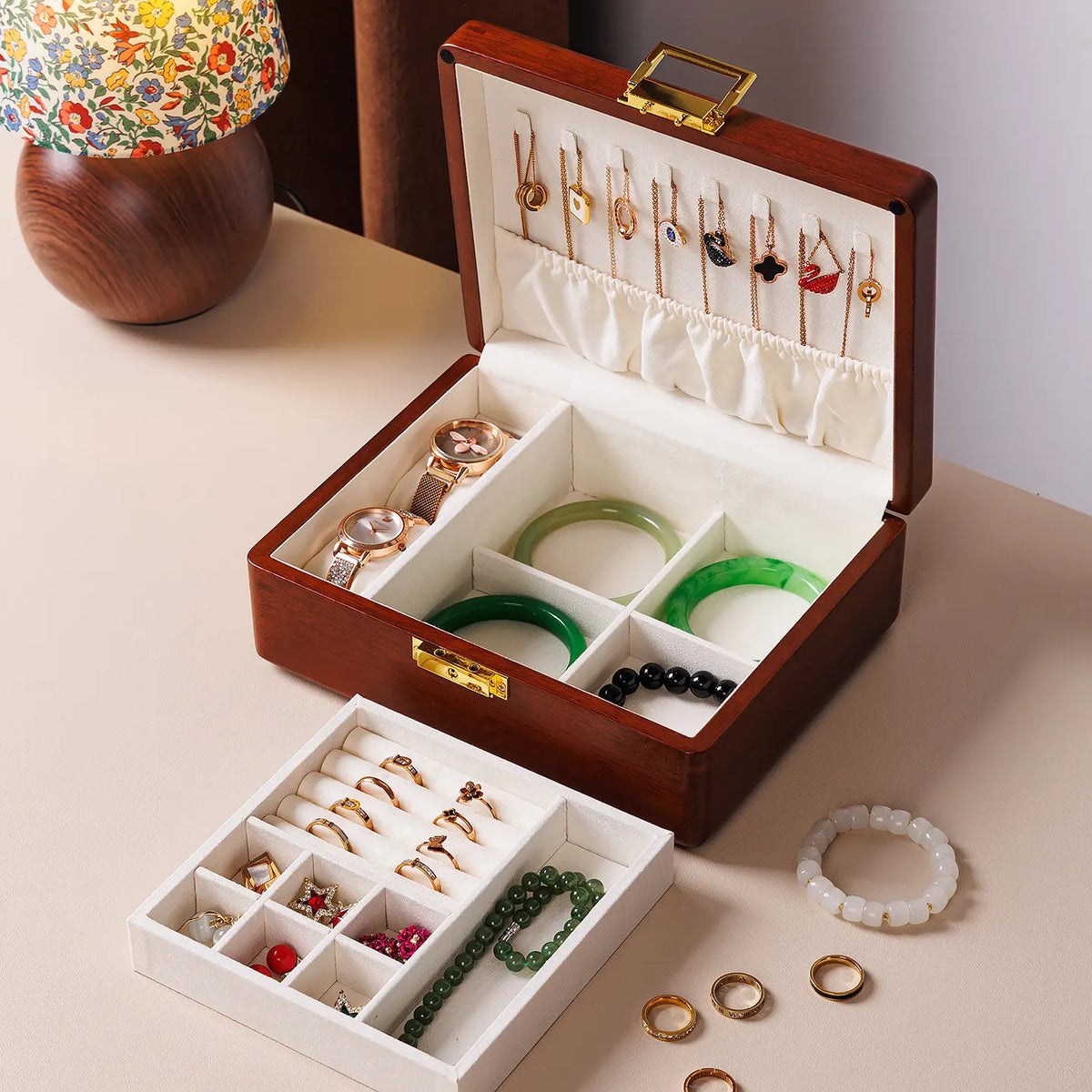 Boîte à Bijoux en Bois Massif Double Niveau avec Serrure