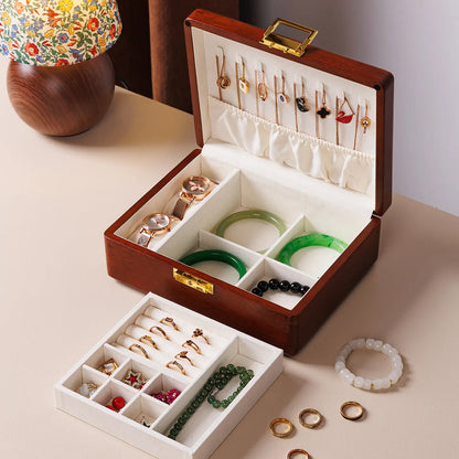 Boîte à Bijoux en Bois Massif Double Niveau avec Serrure