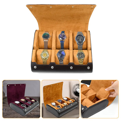 Étui de Voyage 6 Montres Cuir PU Marron – Coussins Coulissants