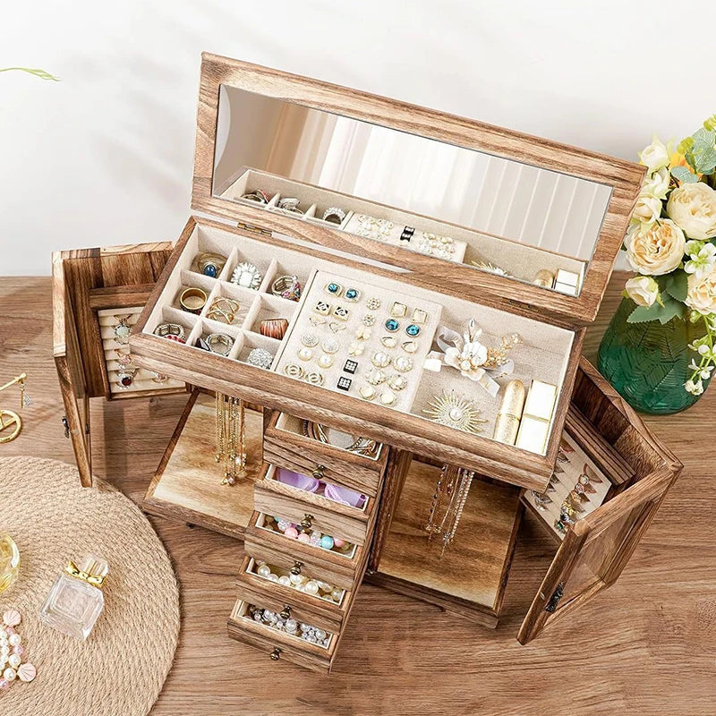 Grande Boîte à Bijoux en Bois Rétro – Format XL avec Miroir