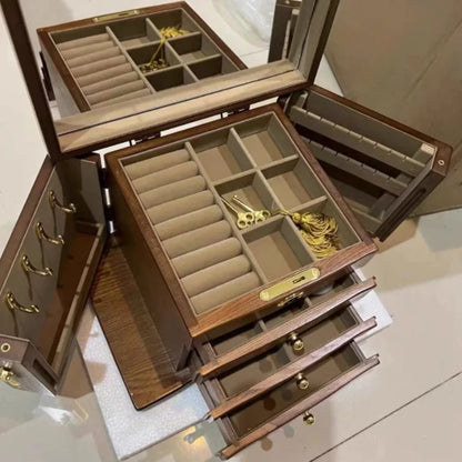Boîte à Bijoux en Bois de Noyer – 6 Compartiments avec Miroir