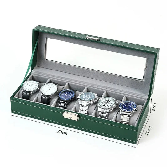 Boîte à Montre Homme 6 Compartiments Cuir PU Vert – Couvercle Vitré