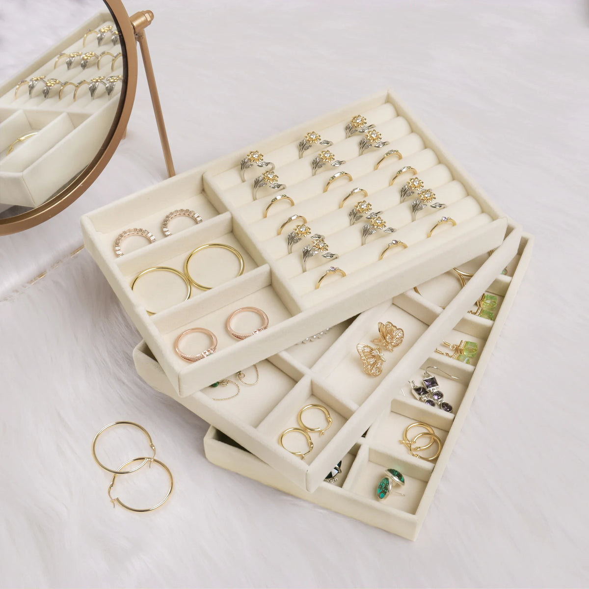 Plateau à Bijoux Velours Beige 18 Compartiments