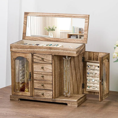 Grande Boîte à Bijoux en Bois Rétro – Format XL avec Miroir