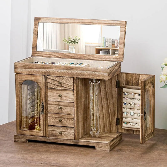 Grande Boîte à Bijoux en Bois Rétro – Format XL avec Miroir