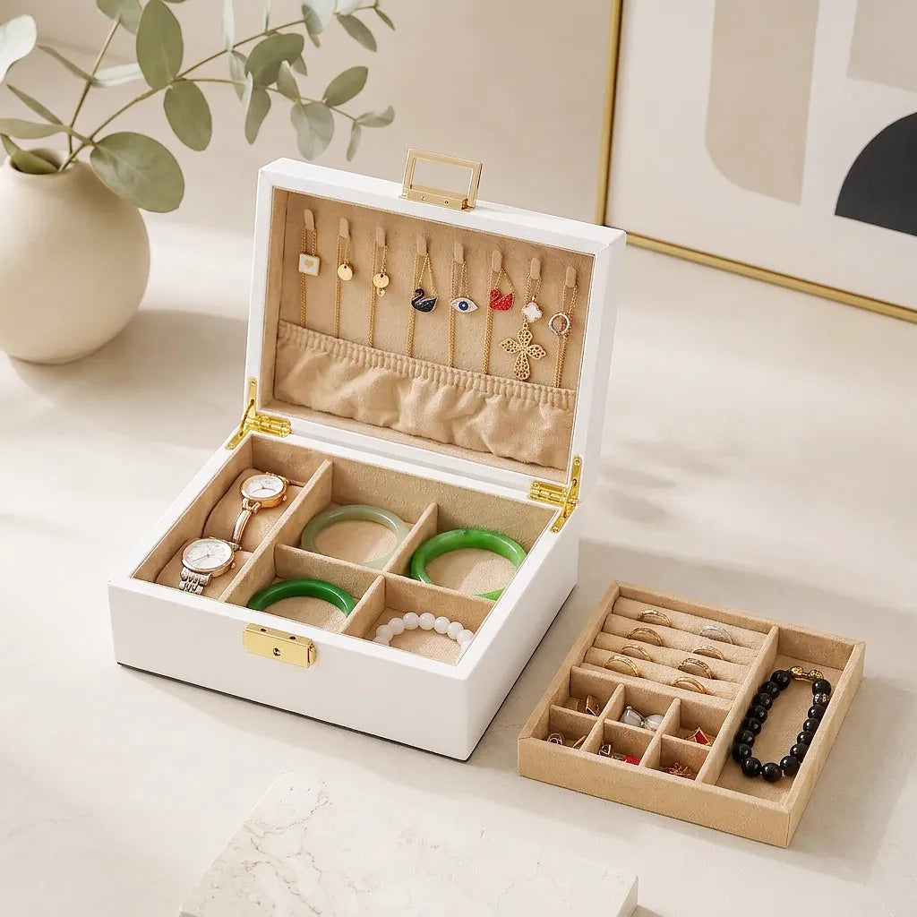 Boîte à Bijoux en Bois Massif Double Niveau avec Serrure