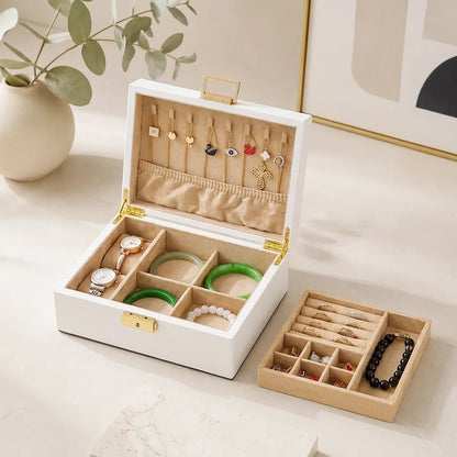 Boîte à Bijoux en Bois Massif Double Niveau avec Serrure
