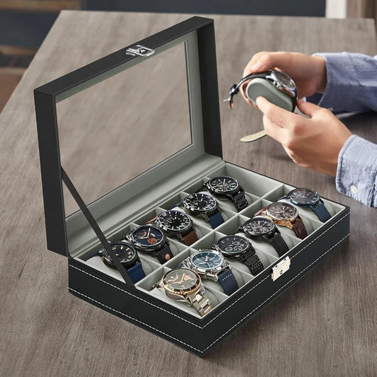 Boîte à Montre Homme 6 Compartiments Cuir PU Gris – Couvercle Vitré