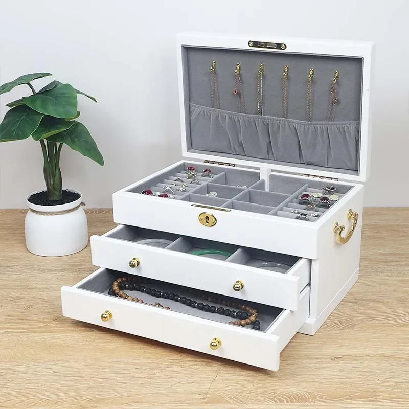 Boîte à Bijoux Blanche en Bois Massif – Portable avec Serrure