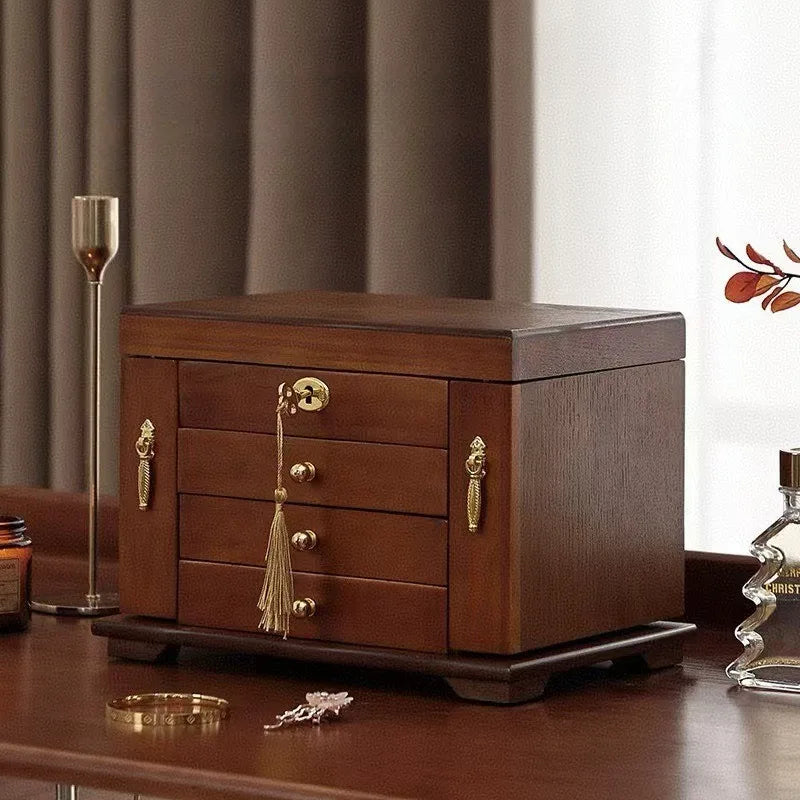 Boîte à Bijoux en Bois de Noyer – 6 Compartiments avec Miroir