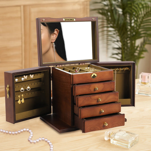Boîte à Bijoux en Bois Marron avec Serrure – Tiroirs Style Rétro