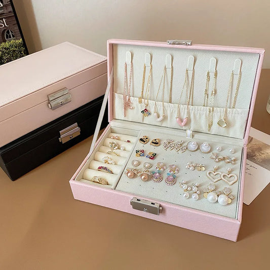 Boîte à Bijoux Carrée Cuir Blanc Cassé Verrouillable