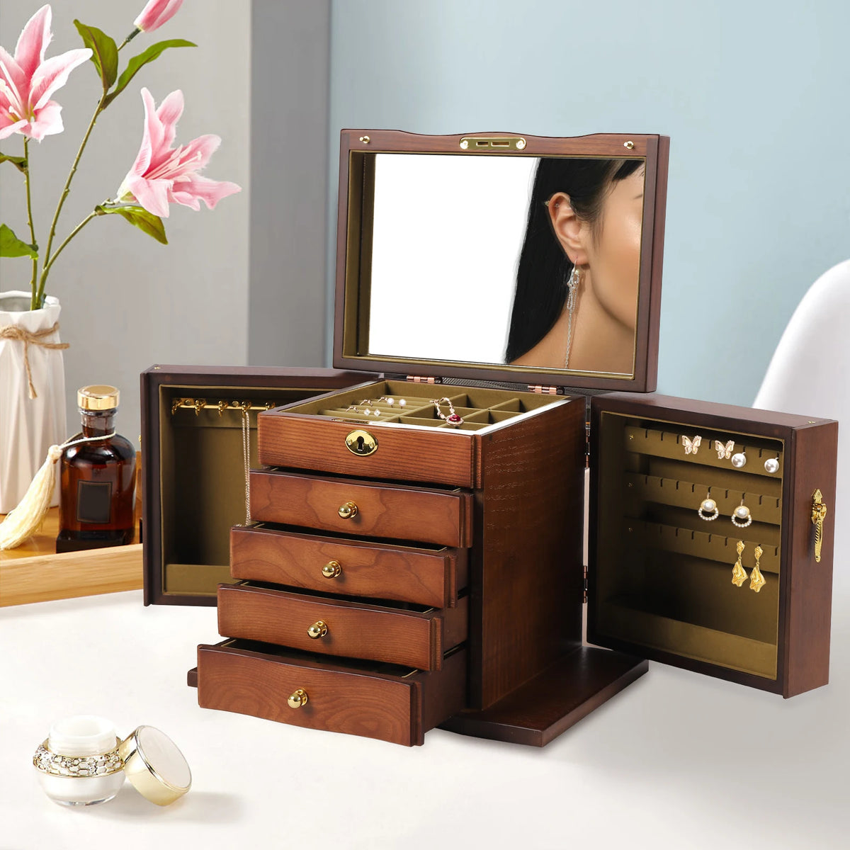 Boîte à Bijoux en Bois 5 Niveaux avec Miroir – 4 Tiroirs, Fermeture à Clé