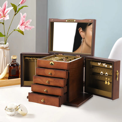 Boîte à Bijoux en Bois 5 Niveaux avec Miroir – 4 Tiroirs, Fermeture à Clé
