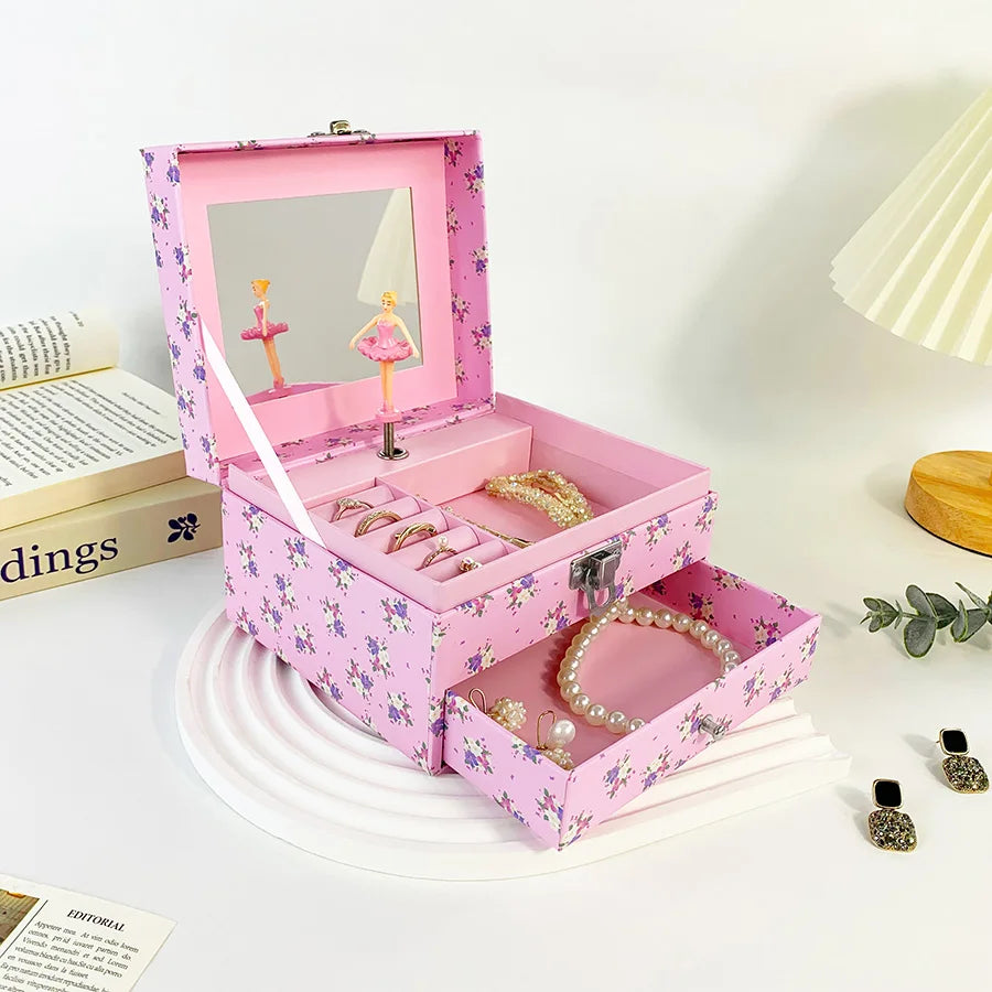 Boîte à Bijoux Musicale Fleurie Rose Miroir