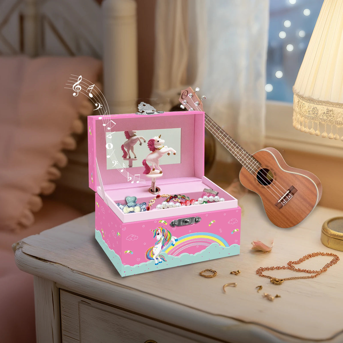 Boîte à Bijoux Musicale Licorne Rose et Blanche Rêve