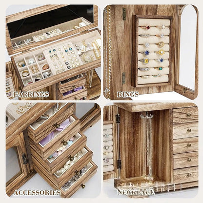 Grande Boîte à Bijoux en Bois Rétro – Format XL avec Miroir