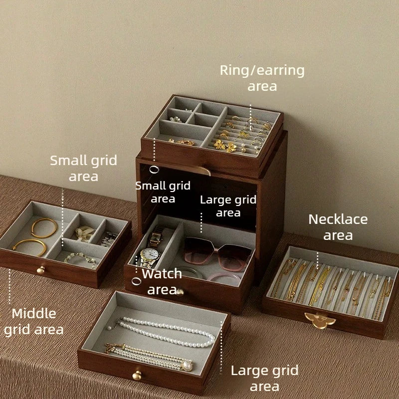 Boîte à Bijoux en Bois Rétro – 5 Compartiments, Grande Capacité