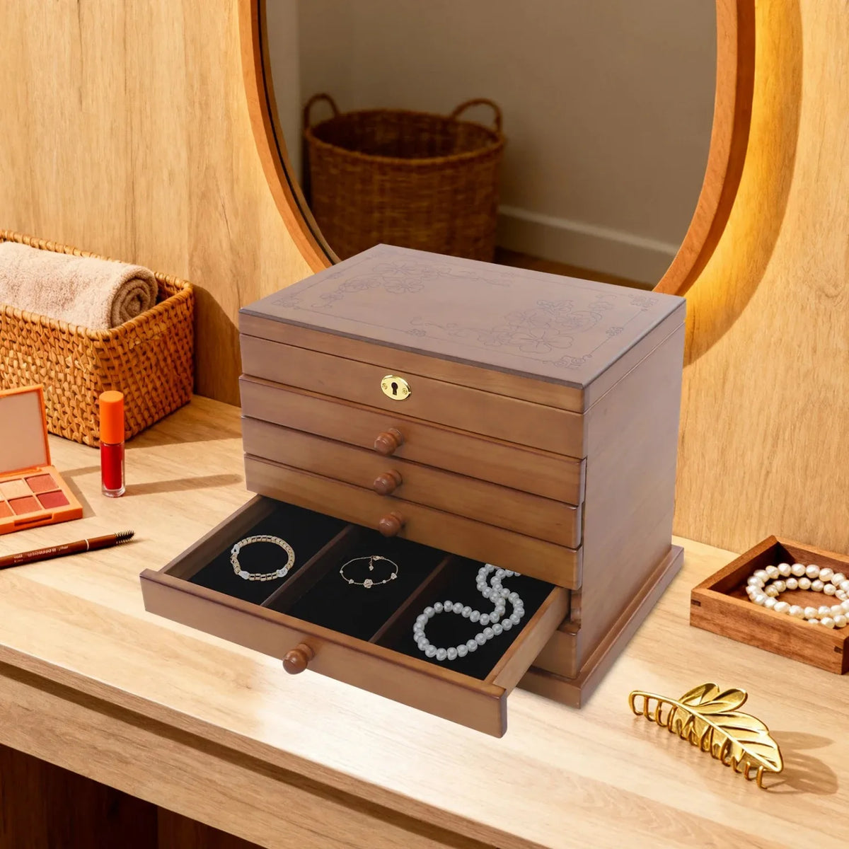 Boîte à Bijoux en Bois 6 Tiroirs avec Miroir – Finition Trèfle Vintage