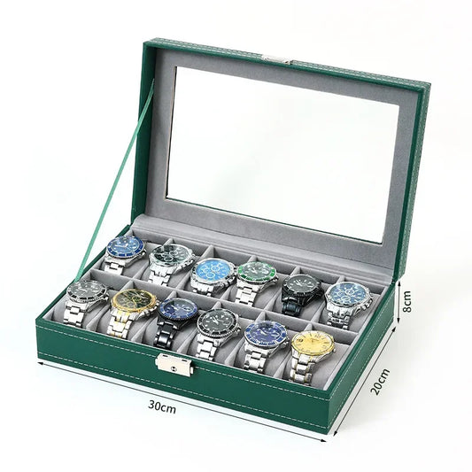 Boîte à Montre Homme 12 Compartiments Cuir PU Vert – Collection Vitrée