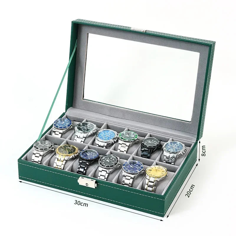 Boîte à Montre Homme 6 Compartiments Cuir PU Vert – Couvercle Vitré