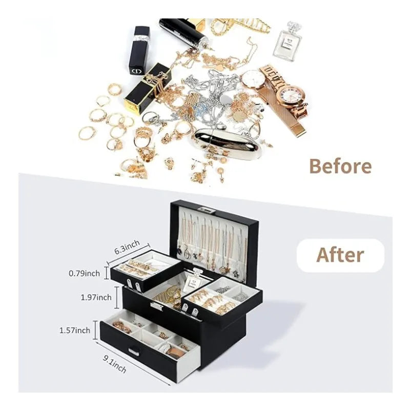 Boîte à Bijoux 3 Étages Simili Cuir Noir