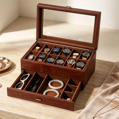 Boîte à Montre Homme 12 Compartiments Cuir Marron Vintage – Couvercle Vitré