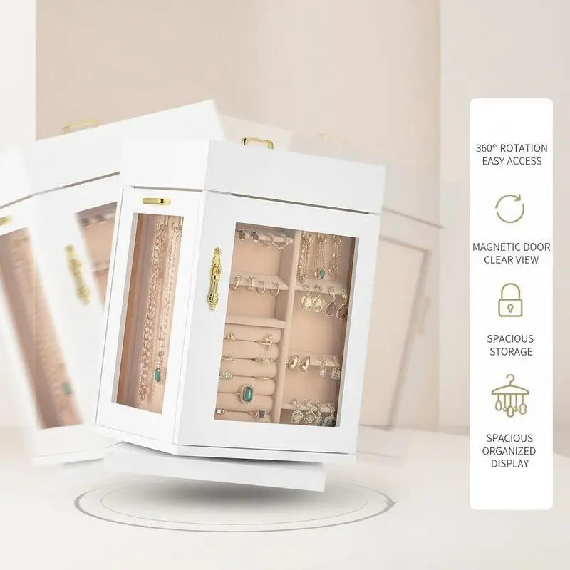 Boîte à Bijoux Rotative 360° – Porte Magnétique, Fenêtre Acrylique