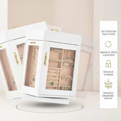 Boîte à Bijoux Rotative 360° – Porte Magnétique, Fenêtre Acrylique