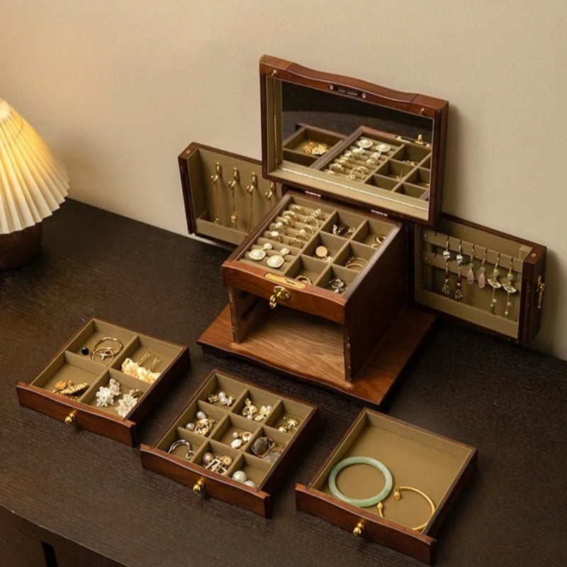 Boîte à Bijoux en Bois Massif Rétro – Grande Capacité avec Miroir