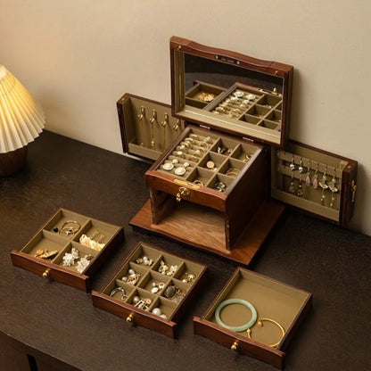 Boîte à Bijoux en Bois Massif Rétro – Grande Capacité avec Miroir