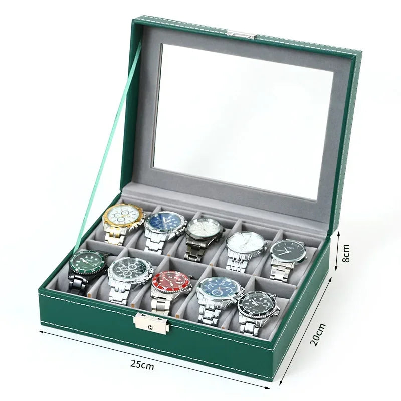 Boîte à Montre Homme 12 Compartiments Cuir PU Gris – Collection Vitrée