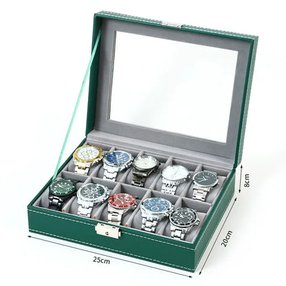Boîte à Montre Homme 6 Compartiments Cuir PU Vert – Couvercle Vitré