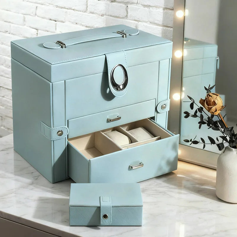 Boîte à Bijoux en Cuir Anti-Poussière – Grande Capacité avec Miroir