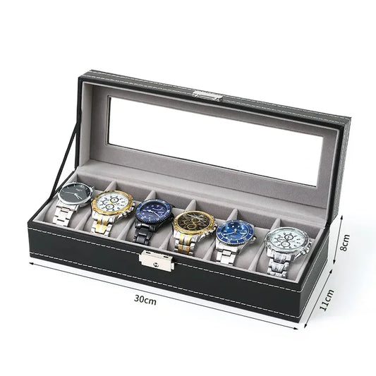 Boîte à Montre Homme 6 Compartiments Cuir PU Noir – Couvercle Vitré
