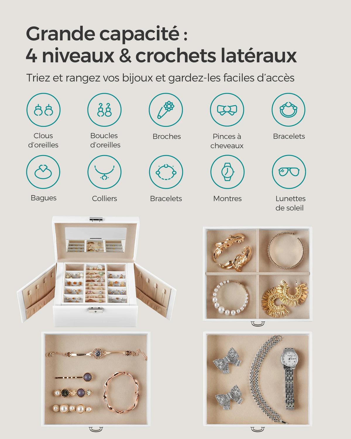 Boîte à Bijoux 4 Niveaux avec Poignées – 3 Tiroirs et Miroir
