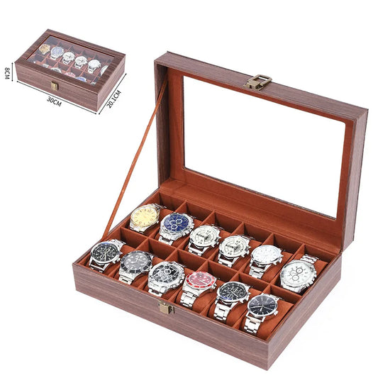 Boîte à Montre Homme 12 Compartiments Effet Noyer – Édition Classique