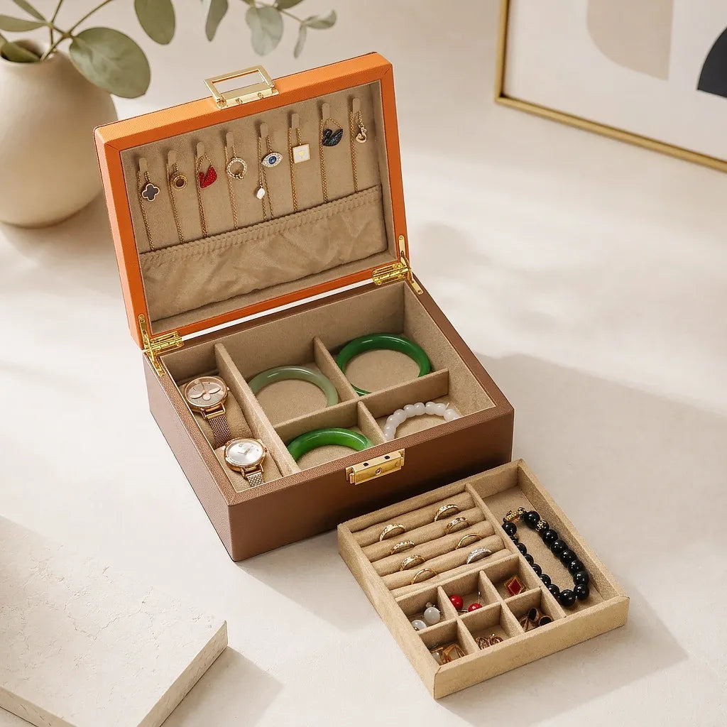 Boîte à Bijoux en Bois Massif Double Niveau avec Serrure