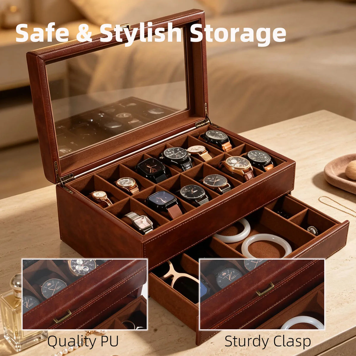 Boîte à Montre Homme 12 Compartiments Cuir Marron Vintage – Couvercle Vitré